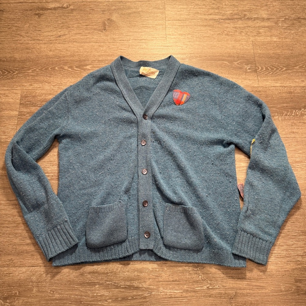 Jantzen Cardigan Adult L Blue Acrylic Wool Patch Vintage 70s‎ 80s Grandpacore